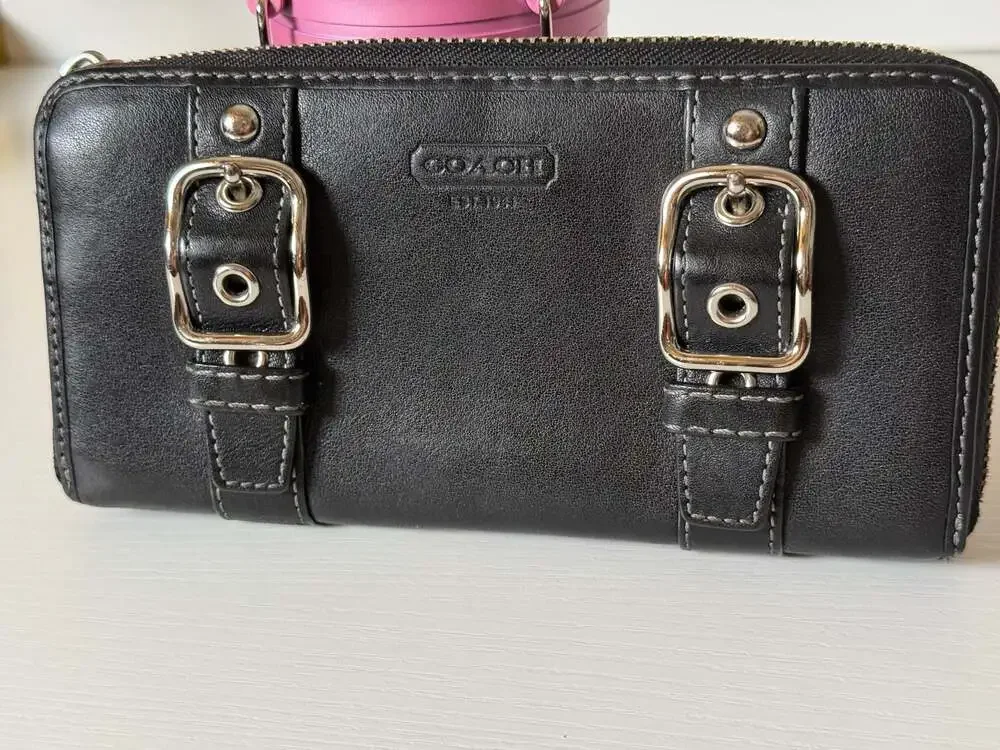 Gorgeous Vintage Coach Long Wallet Zip-Around Double Belt Brown & Silver 8